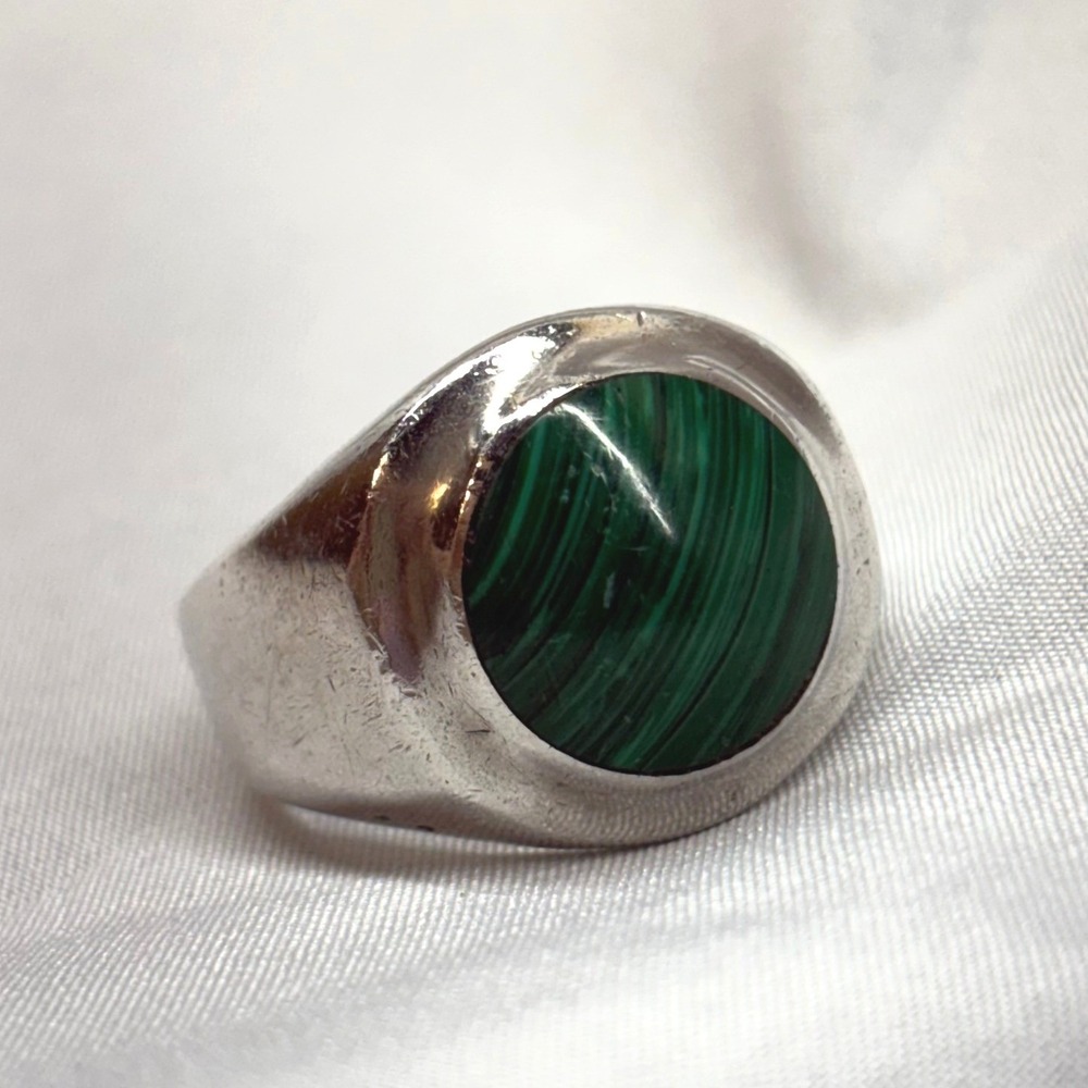Vintage Taxco Mexico Men's Sterling Silver Ring with Green Malachite Inlay 11.5